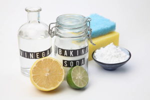 Homemade green cleaning.Lemon and baking soda on white background